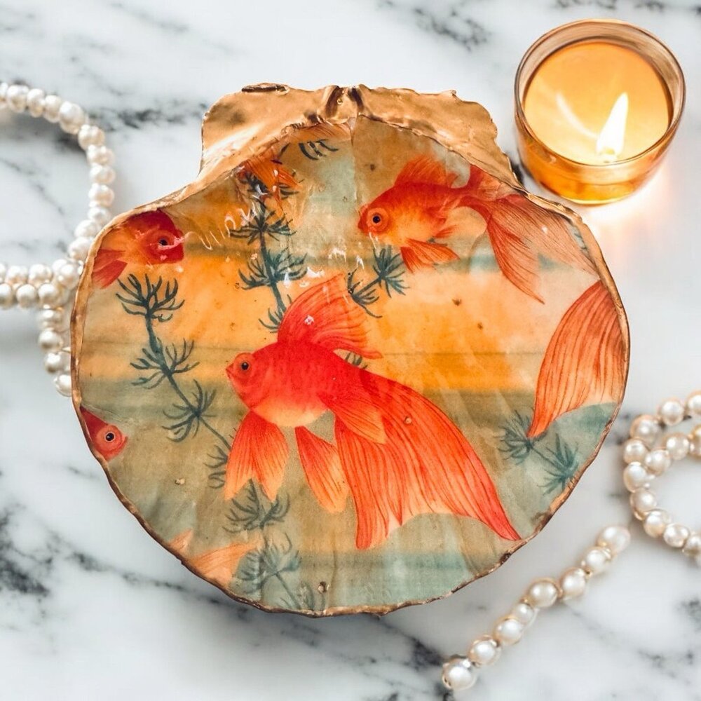 Handmade Decoupage Scallop Shell Trinket Dish Koi Gold Fish